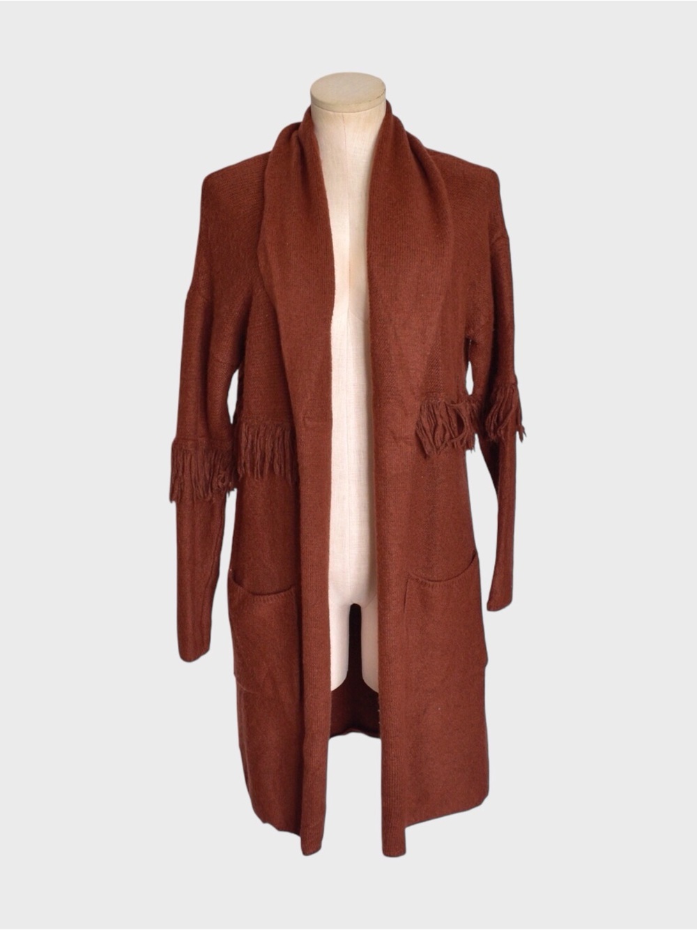 Tahari Rust Fringe Longline Open Front Cardigan
